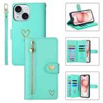 For iPhone 15 POLA Love Multi-Card Slots Zipper Wallet Leather Phone Case(Light Green)