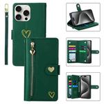 For iPhone 15 Pro Max POLA Love Multi-Card Slots Zipper Wallet Leather Phone Case(Dark Green)