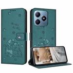 For Realme C63 / C61 / Note 60 Embossed Kitten Phone Leather Case with Lanyard(Dark Green)