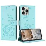 For iPhone 15 Pro Max Embossed Kitten Phone Leather Case with Lanyard(Mint Green)