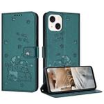 For iPhone 15 Plus Embossed Kitten Phone Leather Case with Lanyard(Dark Green)