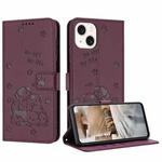 For iPhone 14 Plus Embossed Kitten Phone Leather Case with Lanyard(Wine Red)