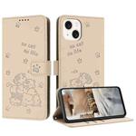 For iPhone 14 / 13 Embossed Kitten Phone Leather Case with Lanyard(Beige)