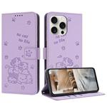 For iPhone 13 Pro Max Embossed Kitten Phone Leather Case with Lanyard(Purple)