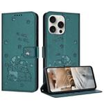 For iPhone 13 Pro Max Embossed Kitten Phone Leather Case with Lanyard(Dark Green)
