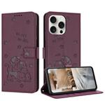 For iPhone 13 Pro Max Embossed Kitten Phone Leather Case with Lanyard(Wine Red)
