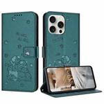 For iPhone 13 Pro Embossed Kitten Phone Leather Case with Lanyard(Dark Green)