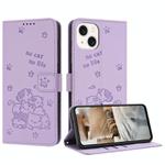 For iPhone 13 mini Embossed Kitten Phone Leather Case with Lanyard(Purple)