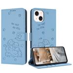 For iPhone 13 mini Embossed Kitten Phone Leather Case with Lanyard(Blue)