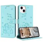 For iPhone 13 mini Embossed Kitten Phone Leather Case with Lanyard(Mint Green)