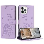 For iPhone 12 Pro Max Embossed Kitten Phone Leather Case with Lanyard(Purple)
