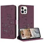 For iPhone 12 Pro Max Embossed Kitten Phone Leather Case with Lanyard(Wine Red)