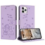 For iPhone 11 Pro Max Embossed Kitten Phone Leather Case with Lanyard(Purple)