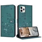 For iPhone 11 Pro Embossed Kitten Phone Leather Case with Lanyard(Dark Green)