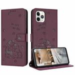 For iPhone 11 Pro Embossed Kitten Phone Leather Case with Lanyard(Wine Red)
