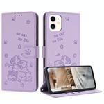 For iPhone 11 Embossed Kitten Phone Leather Case with Lanyard(Purple)