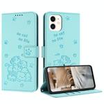 For iPhone 11 Embossed Kitten Phone Leather Case with Lanyard(Mint Green)