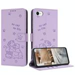 For iPhone SE 2022 / 2020 Embossed Kitten Phone Leather Case with Lanyard(Purple)