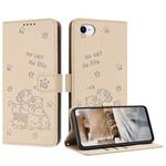 For iPhone SE 2022 / 2020 Embossed Kitten Phone Leather Case with Lanyard(Beige)