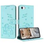 For iPhone SE 2022 / 2020 Embossed Kitten Phone Leather Case with Lanyard(Mint Green)