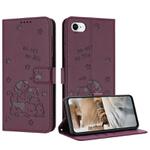 For iPhone SE 2022 / 2020 Embossed Kitten Phone Leather Case with Lanyard(Wine Red)
