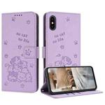 For iPhone XS / X Embossed Kitten Phone Leather Case with Lanyard(Purple)