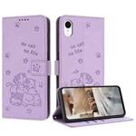 For iPhone XR Embossed Kitten Phone Leather Case with Lanyard(Purple)