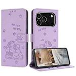 For iPhone 17 Pro Embossed Kitten Phone Leather Case with Lanyard(Purple)