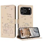 For iPhone 17 Pro Embossed Kitten Phone Leather Case with Lanyard(Beige)