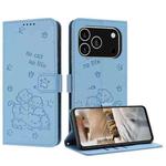 For iPhone 17 Pro Embossed Kitten Phone Leather Case with Lanyard(Blue)