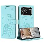 For iPhone 17 Pro Embossed Kitten Phone Leather Case with Lanyard(Mint Green)