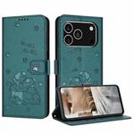 For iPhone 17 Pro Embossed Kitten Phone Leather Case with Lanyard(Dark Green)