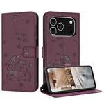 For iPhone 17 Pro Embossed Kitten Phone Leather Case with Lanyard(Wine Red)