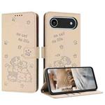 For iPhone 17 Air Embossed Kitten Phone Leather Case with Lanyard(Beige)