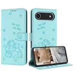 For iPhone 17 Air Embossed Kitten Phone Leather Case with Lanyard(Mint Green)