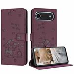 For iPhone 17 Air Embossed Kitten Phone Leather Case with Lanyard(Wine Red)