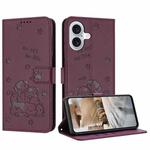 For iPhone 17 Embossed Kitten Phone Leather Case with Lanyard(Wine Red)