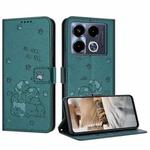 For Infinix Note 40 5G Embossed Kitten Phone Leather Case with Lanyard(Dark Green)