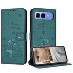 For Infinix Smart 10 Plus 4G Embossed Kitten Phone Leather Case with Lanyard(Dark Green)