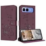 For Infinix Smart 10 Plus 4G Embossed Kitten Phone Leather Case with Lanyard(Wine Red)
