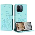 For Xiaomi Poco C55 Embossed Kitten Phone Leather Case with Lanyard(Mint Green)