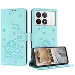 For Xiaomi Poco F6 Pro 5G Embossed Kitten Phone Leather Case with Lanyard(Mint Green)