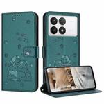 For Xiaomi Poco X6 Pro Embossed Kitten Phone Leather Case with Lanyard(Dark Green)