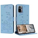 For Xiaomi Poco M5s 4G Global Embossed Kitten Phone Leather Case with Lanyard(Blue)