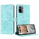 For Xiaomi Poco M5s 4G Global Embossed Kitten Phone Leather Case with Lanyard(Mint Green)