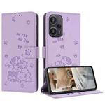 For Xiaomi Poco F5 Embossed Kitten Phone Leather Case with Lanyard(Purple)