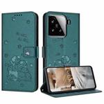For Xiaomi 15 Embossed Kitten Phone Leather Case with Lanyard(Dark Green)