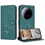 For Xiaomi 15 Ultra Embossed Kitten Phone Leather Case with Lanyard(Dark Green)