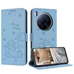 For Tecno Camon 40 Premier Embossed Kitten Phone Leather Case with Lanyard(Blue)