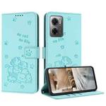 For Redmi 10 5G / Note 11E 5G Embossed Kitten Phone Leather Case with Lanyard(Mint Green)